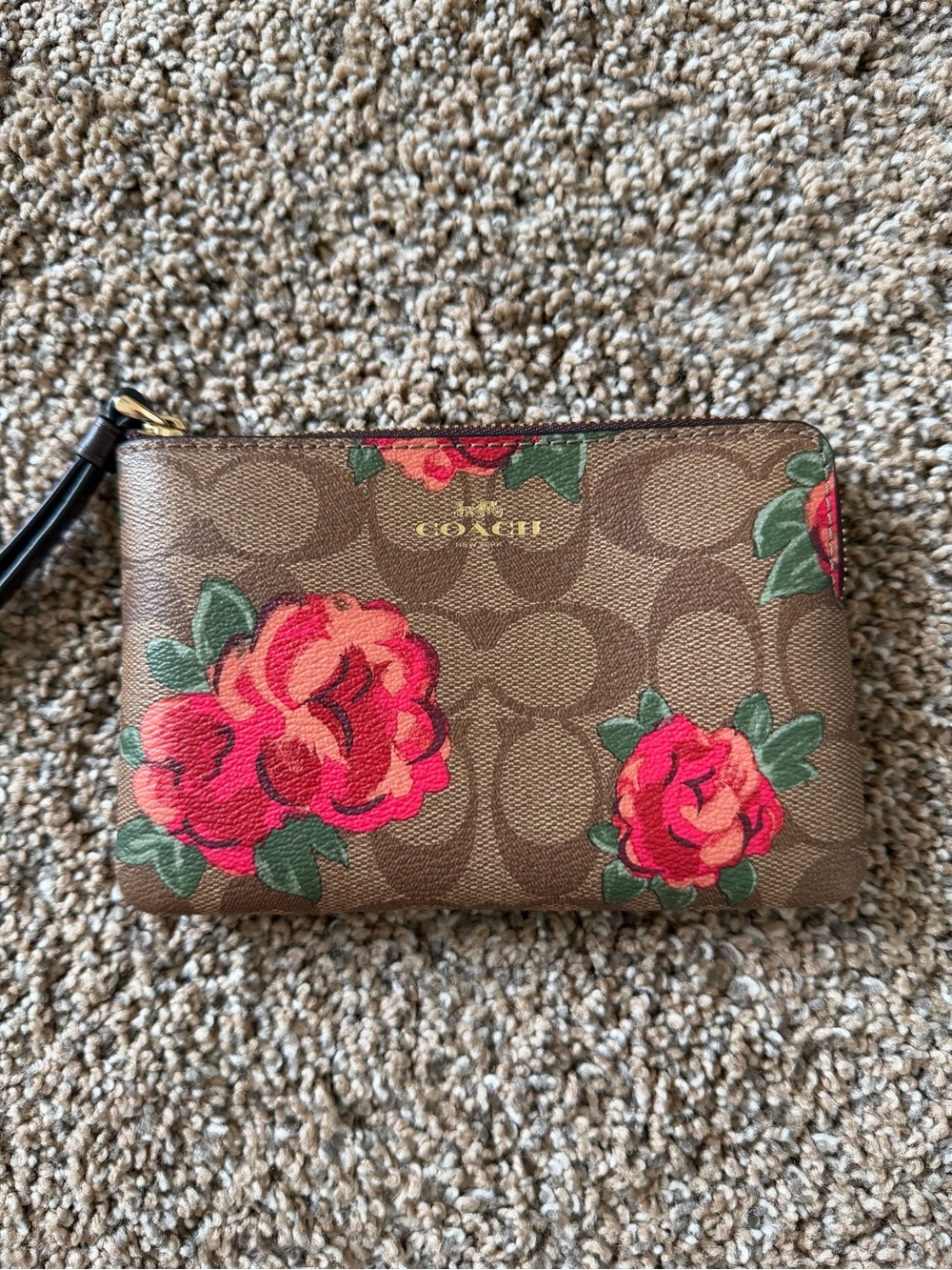 COACH Floral Signature Corner Zip Wristlet Wallet Brown Pink Floral Print